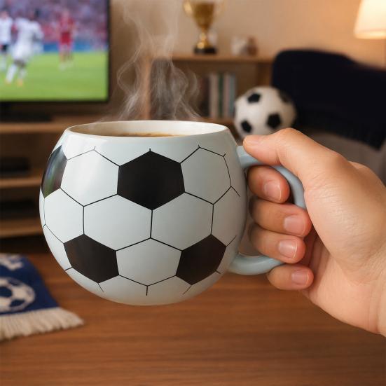 Soccer Ceramic Mug, 400ml Football Shaped Cup with Lid, Black White Hexagon Sports Drinkware for Home Office, Fan Gifts