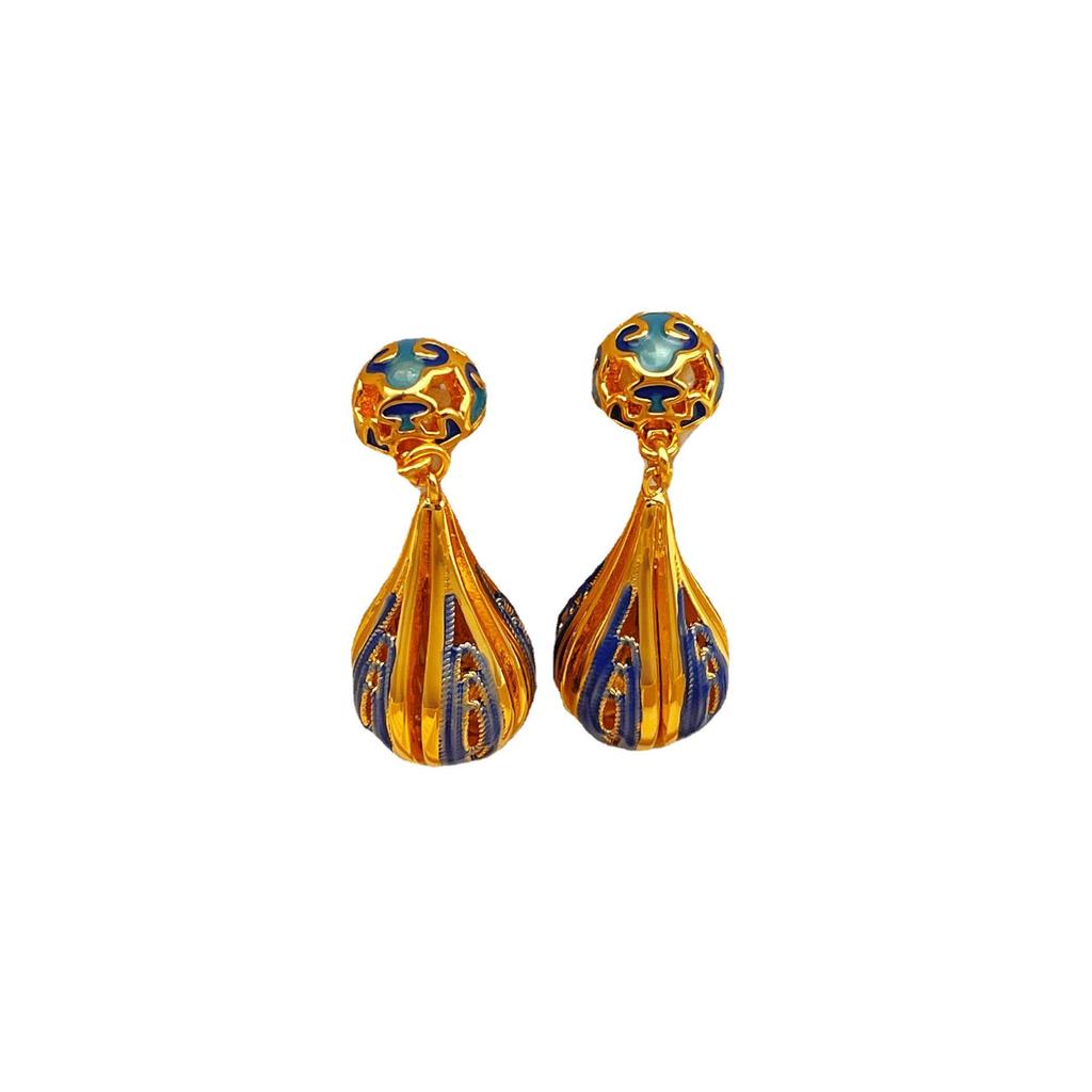High-End Chinese Water Drop Enamel Earrings - Luxurious Long Silver Needle, Trendy Ancient Style for Women