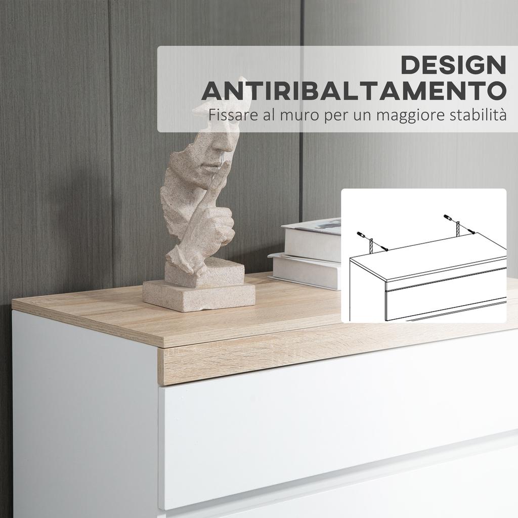 Chest of 5 Drawers Minimal in Wood, 80x40x109 cm, White and Oak Color