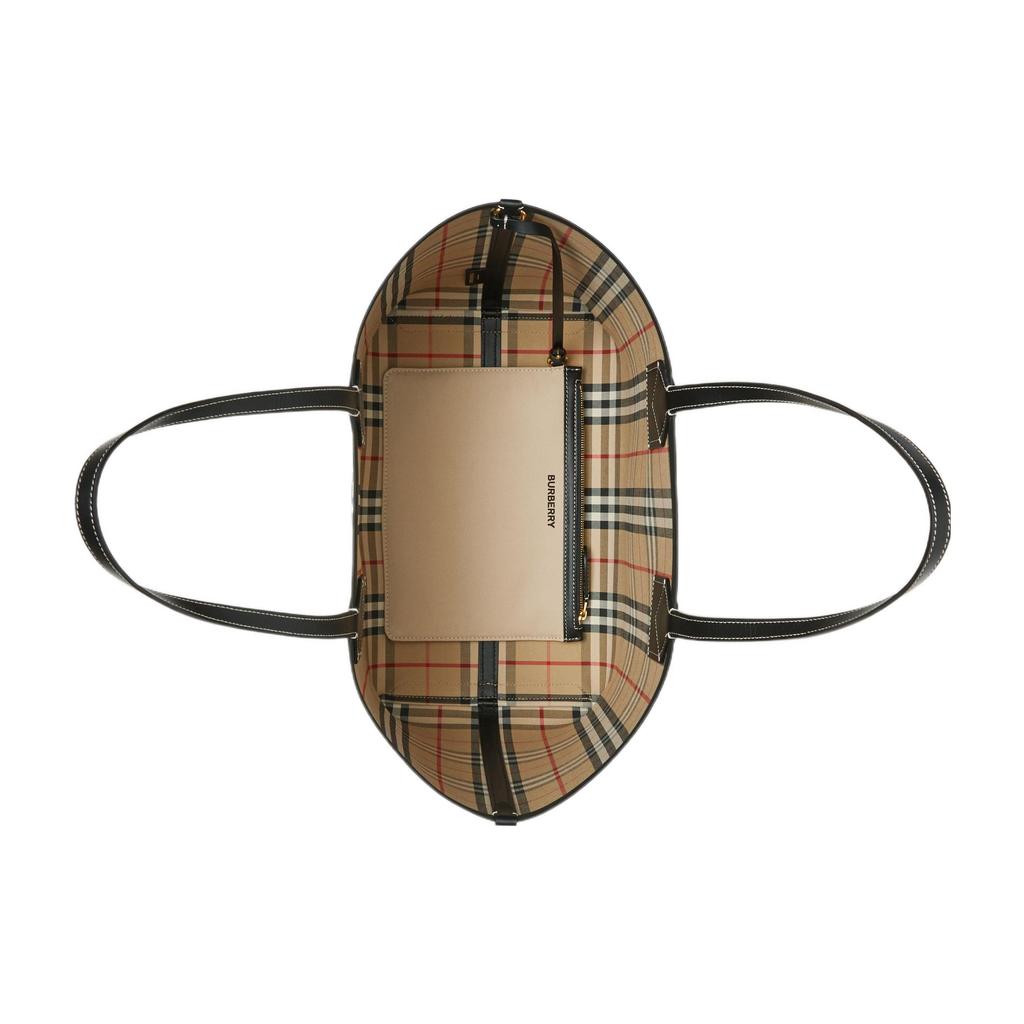 Burberry Světlý Dekorační Potisk Štítku Otevřený Design Bavlněná a Telecí Kůže Taška Tote Nákupní Taška Taška přes Rameno Ruční Taška Malé Dámské Tašky Tote Khaki 80631201