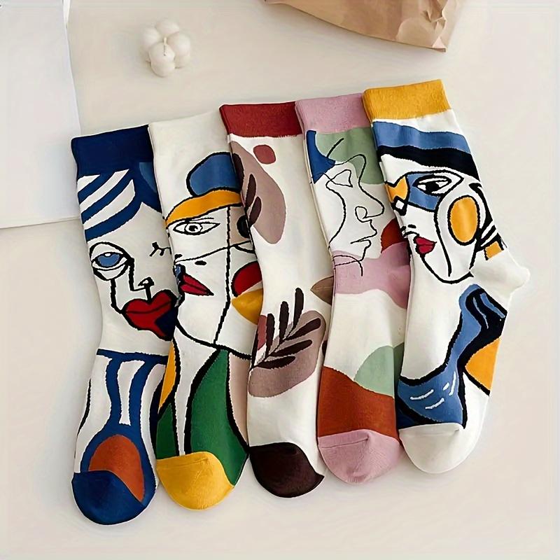 3 pairs of women's abstract oil painting tube socks - geometric art design, fashionable autumn and winter casual socks