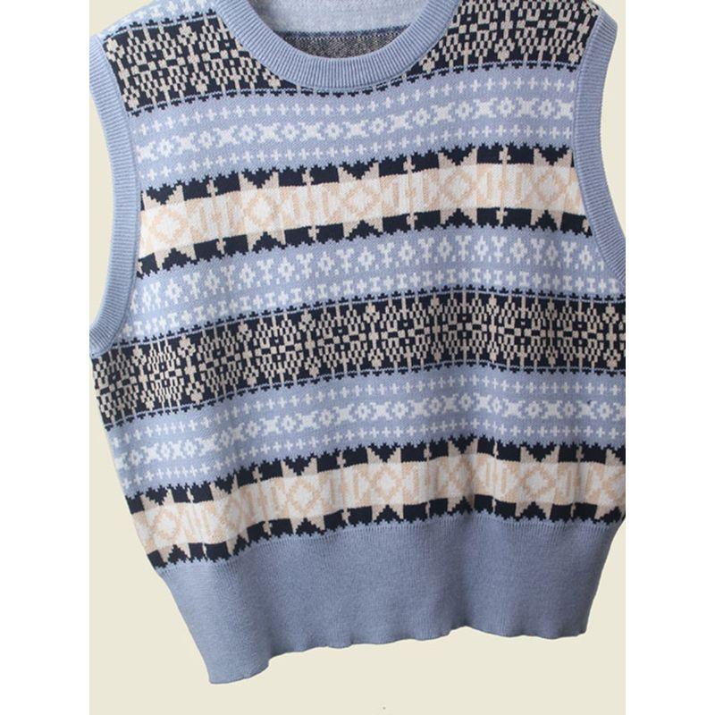 French Style Design Niche Style Knitting Vest Women's Fall and Winter Bandage Dress round Neck Embroider Jacquard Sleeveless Vest Waistcoat