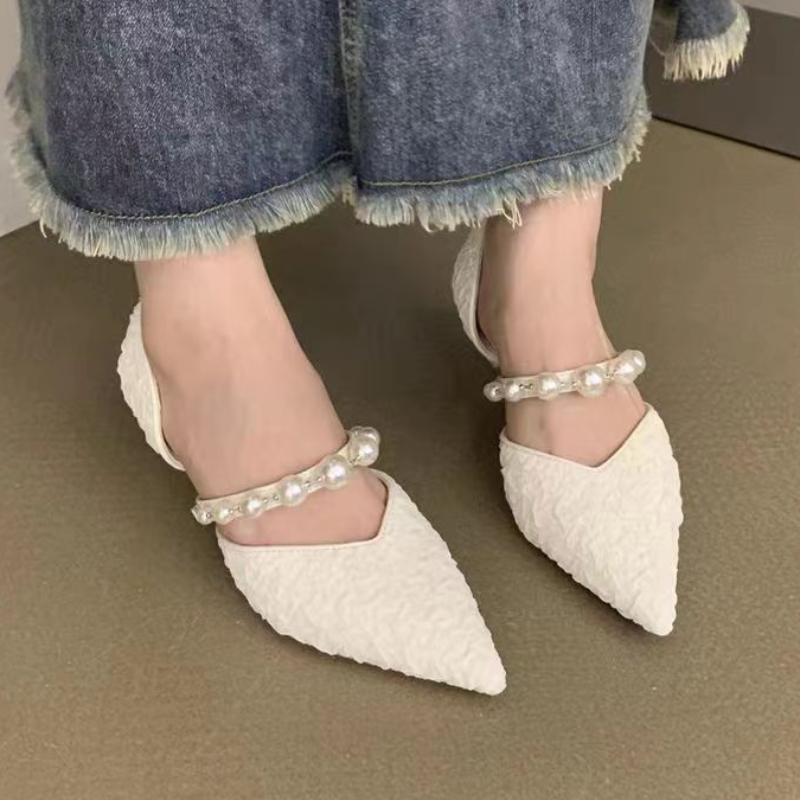Fashion Summer Elegant Pleated Pointed Toe Fine Heel Temperament Baotou Sandals Spring New Back Baotou Heel Single Shoes Fashion Pearls