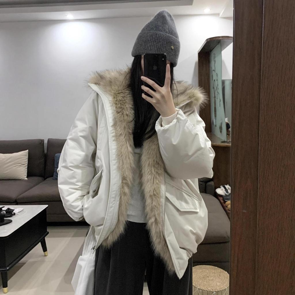Women's Winter Patchwork Quilted Jacket with Mountain Eagle Design, Faux Rabbit Fur, and Thickened Cotton