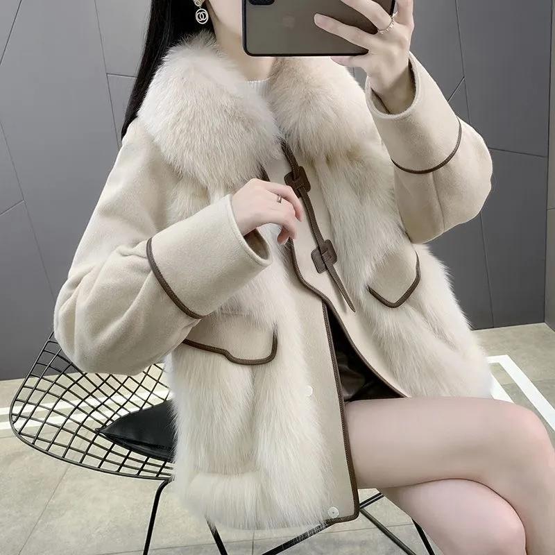 Winter Jacket Women's Fur Integrated Short Jacket Imitation Fox Fur Grass Jacket Female Patchwork Down Cotton Jacket