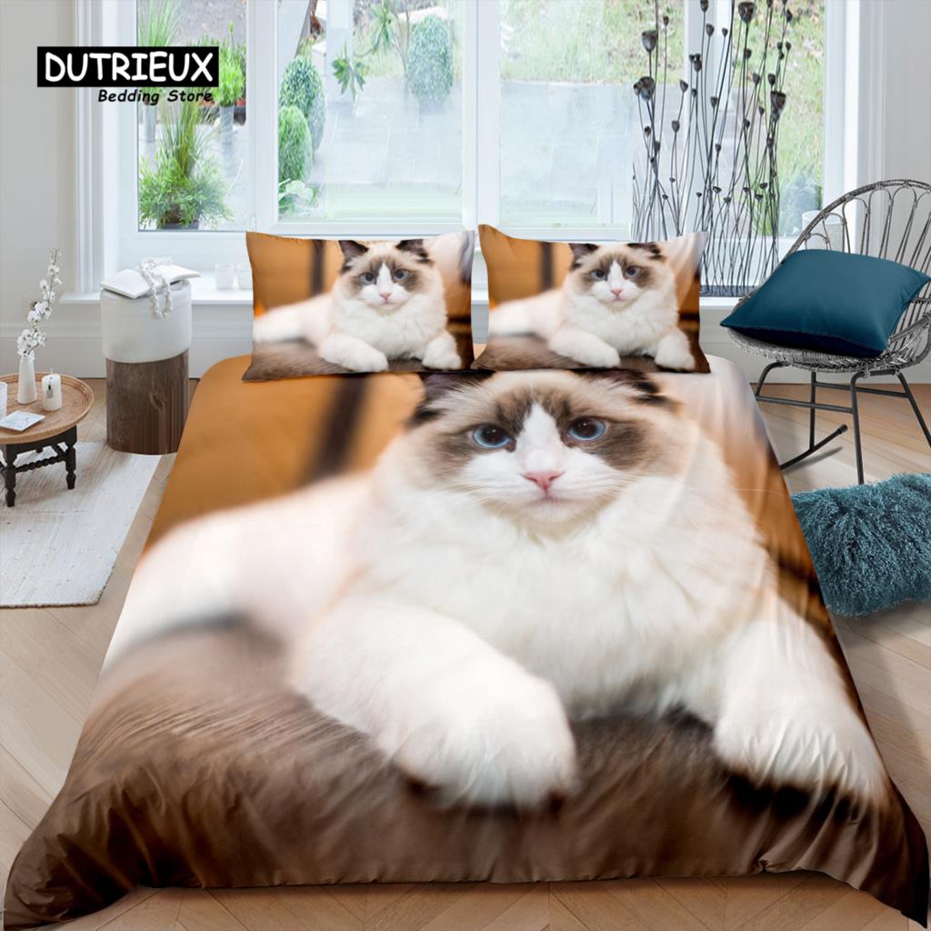 Hem Bostad Lyx 3D Husdjur Katt Sängkläder Set Barn Täcktäckeset Örngott Djur Sängkläder Set Queen och King EU/US/AU/UK Storlek