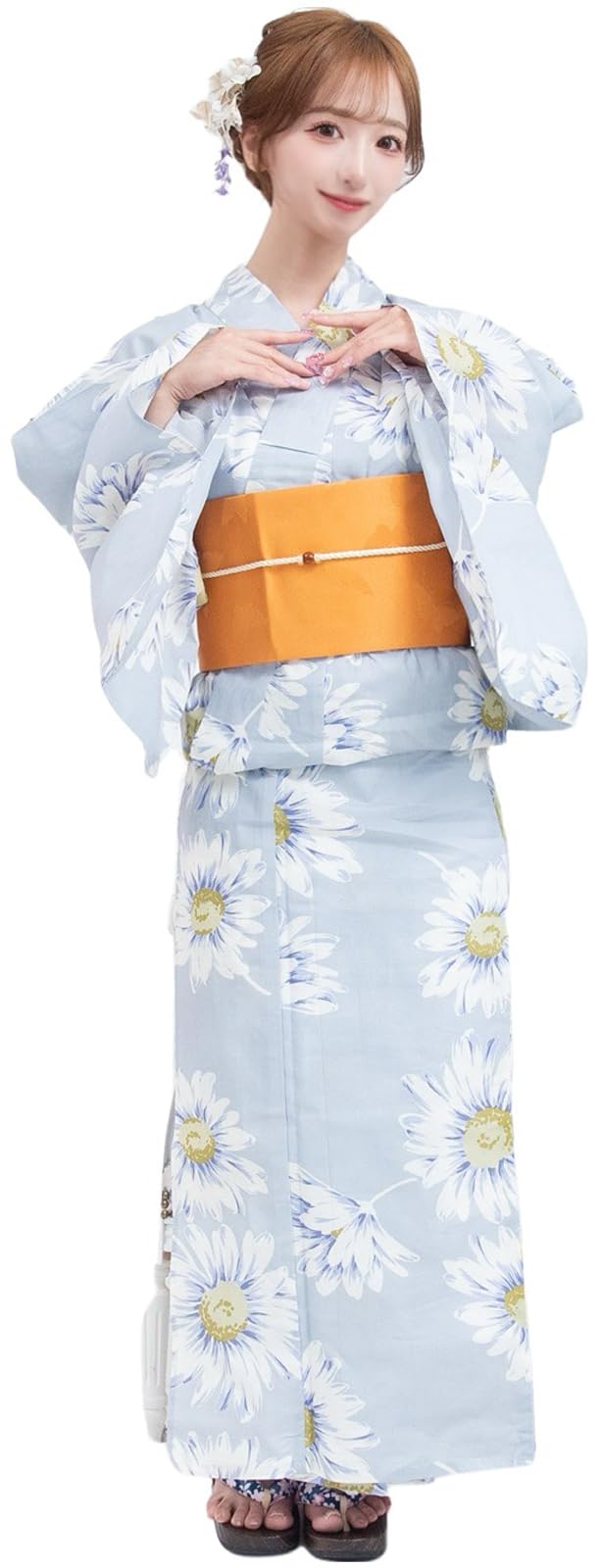 

Yukata 3 Piece Set Margaret Floral Pattern Gentle Impression Japanese Dress Easy to Dress Tie Obi Thong Geta Set Gray One Size Fits Most [RAVIR]