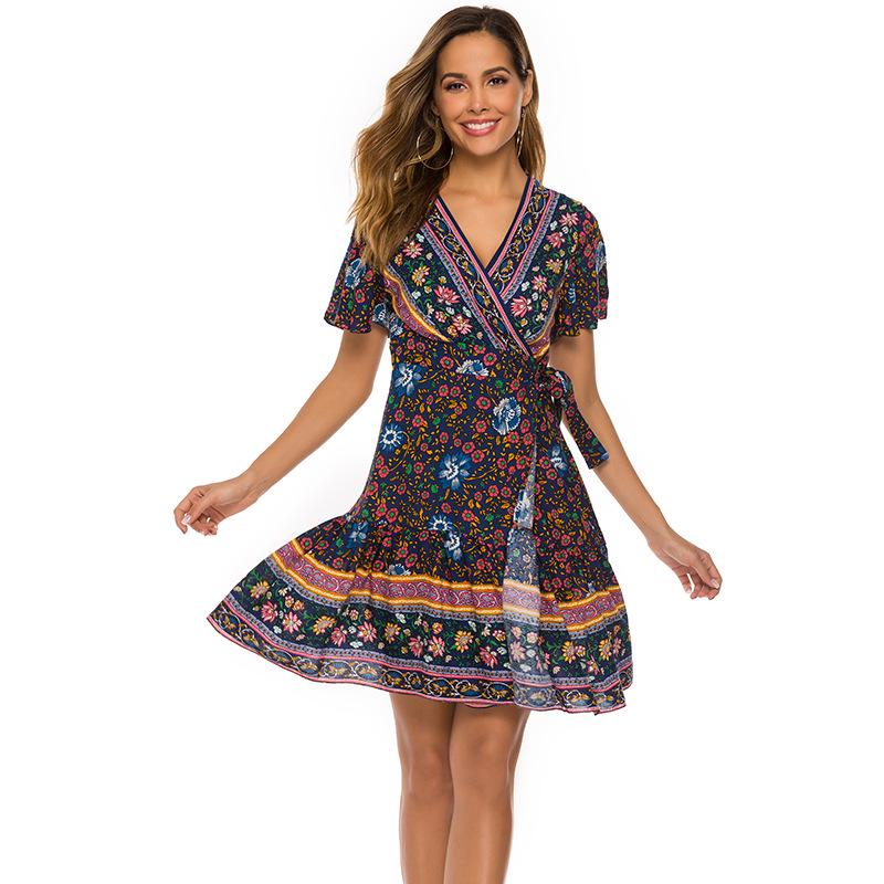 Women's Dresses Summer New Women's Bohemian Beach Resort Style Short Sleeve Deep V Large Fold Printed Dress