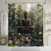 Serene Buddha Garden Shower Curtain - Tranquil Buddha Statue With Cherry Blossoms & Pond, Polyester,Meditative Ambiance