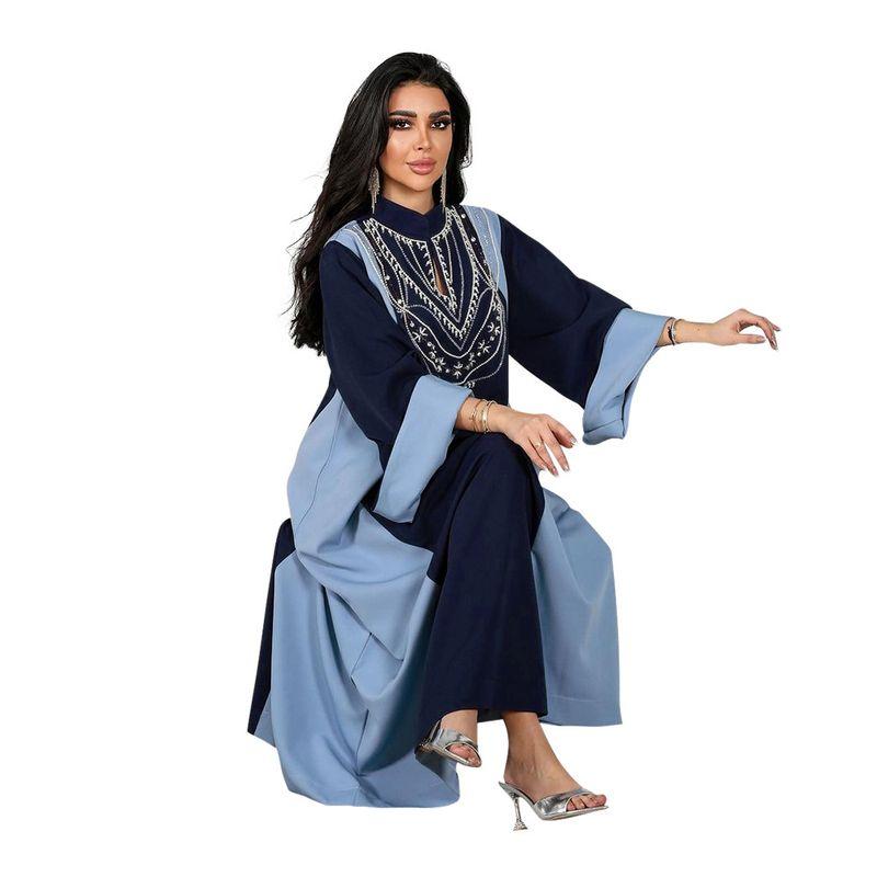 Dubai Indonesia Amazon Middle East Women's Clothing Patchwork Contrast Color Stand-up Collar Rhinestone Robe Gown Dress Dress