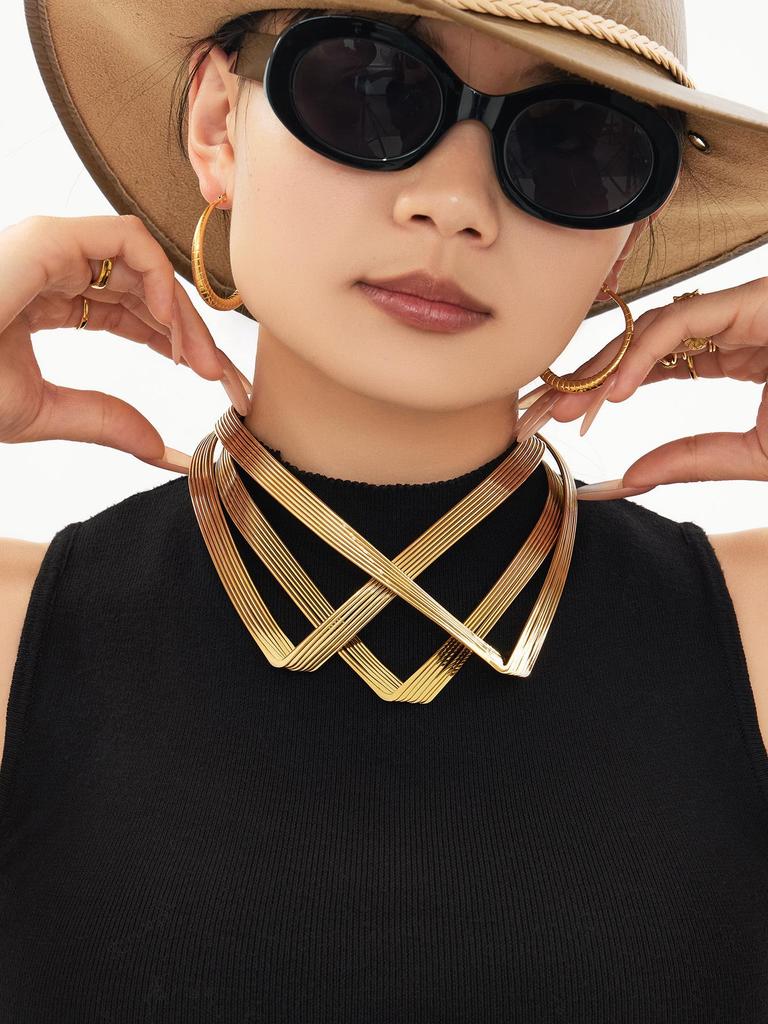 European & American 7-Layer V-Shape Choker Necklace, Punk Style Fashion, 18K Gold-Plated Stainless Steel.