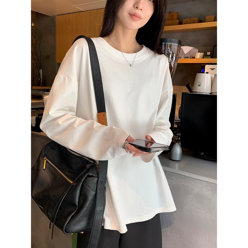 Baumwollimitat, neues Langarm-T-Shirt für Herbst und Winter, Damen locker einfarbig Rundhalsausschnitt, langlebig und vielseitig Damen