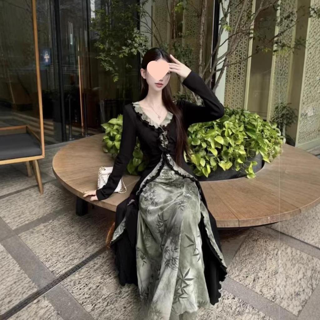 Rochie A-line pentru femei plus-size, toamnă, formă de pară - Stil național chinezesc, Design subțietor din două piese