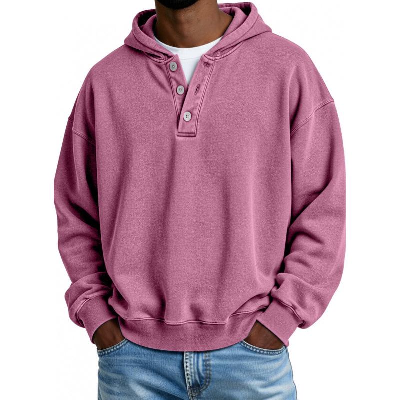 2025 European & American Men's Solid Color Hooded Sweatshirt - Three-Button, Loose Fit, Long Sleeve Jacket for Spring & Autumn