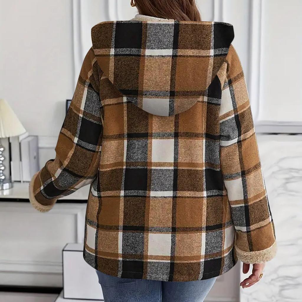 Ladies' Loose Comfortable Casual Fashionable Zipper Hooded Plaid Printed Jacket