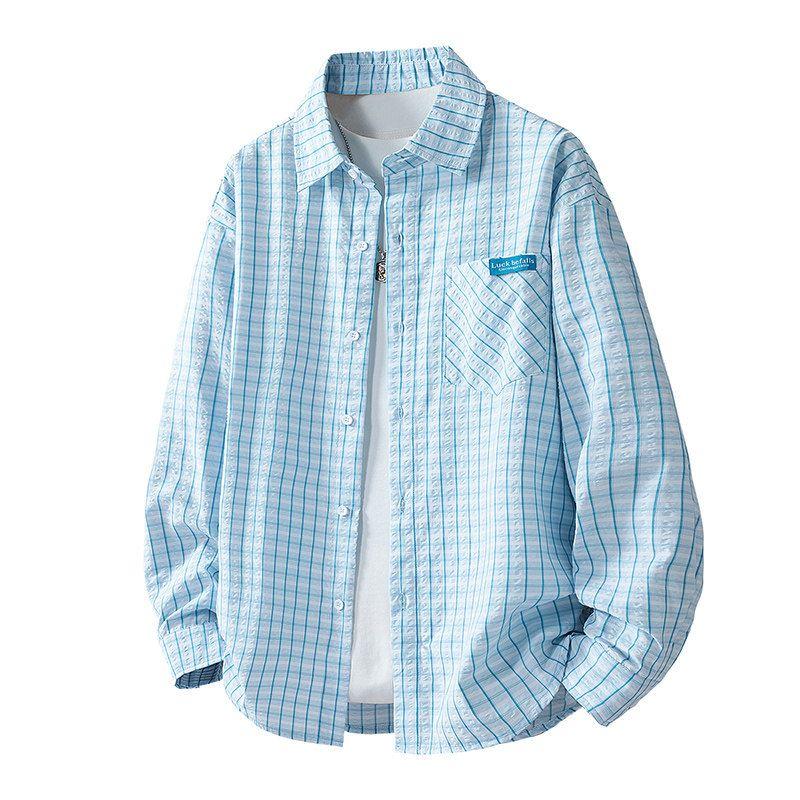 

Medm Beprp Japan fashion Hong Kong Style Shirts Boys Seersucker Textured Inch Clothing Autumn Plaid Cardigan Lapel 518 Blue S