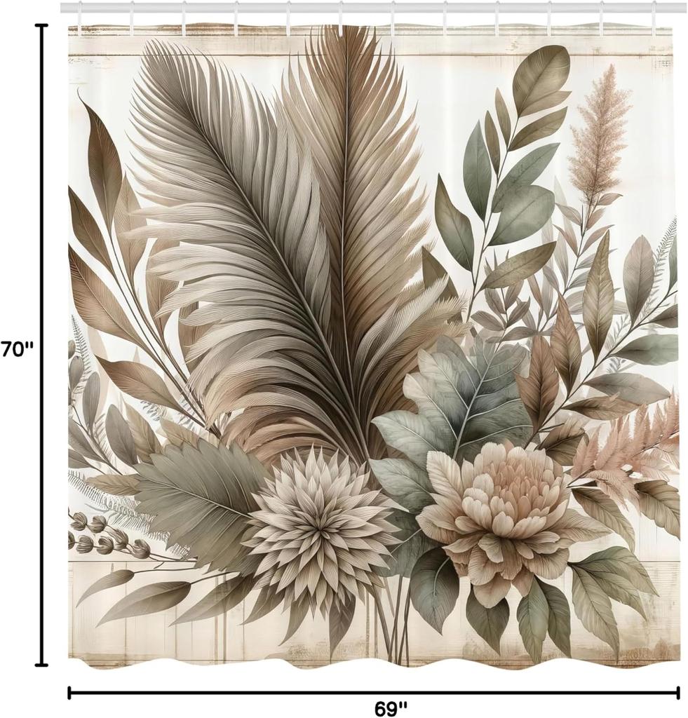Vintage Duschvorhang, Boho Botanisch Erdige Töne Blumen Äste und Blätter Bohemian Romantik, Stoff Badezimmer