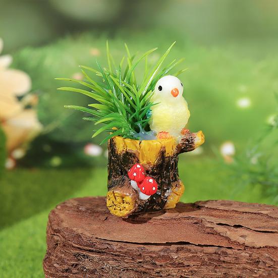 Miniatur-Feengarten-Zubehör Mini Harz Baumstumpf Figur mit Vogel Und Künstliche Pflanzen für DIY Moos-Terrarien Basteln Heimdekoration