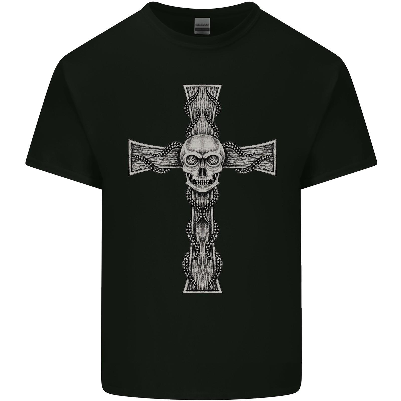 a Gothic Skull and Tentacles on a Cross Mens Light Cotton T-Shirt L