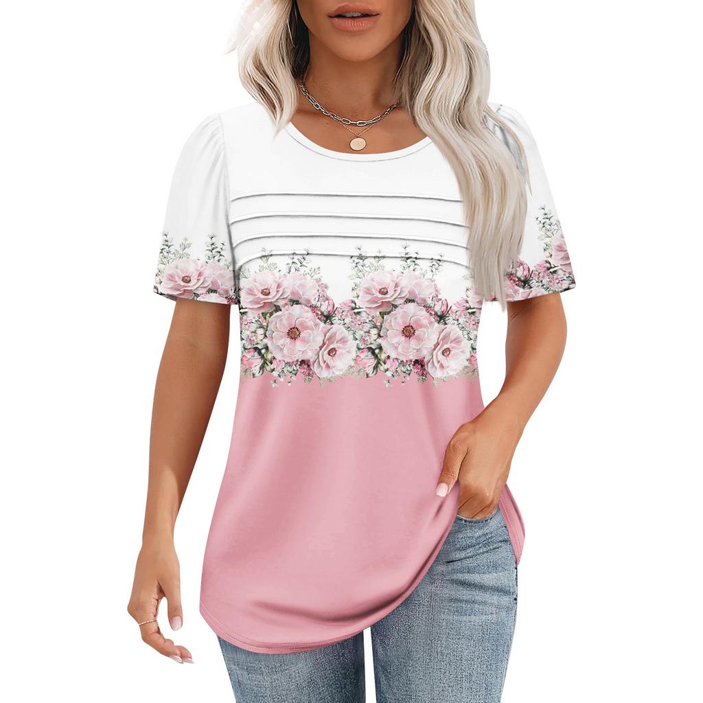 Women's T-shirt Short Sleeve Tops Elegant Casual Shirt Spring Summer Outfit Flowy Pleated Front Round Neck Summer Tops