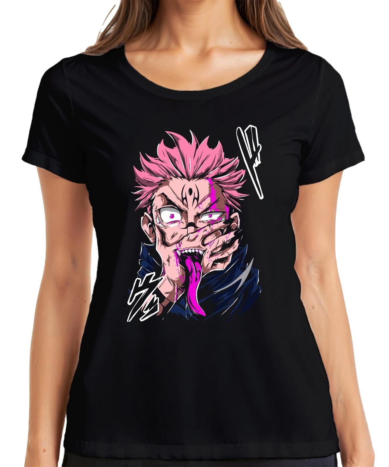 Anime Dämon rosa Haare Anime Ästhetik Zunge Fänge Horror Halloween Damen T-Shirt XS
