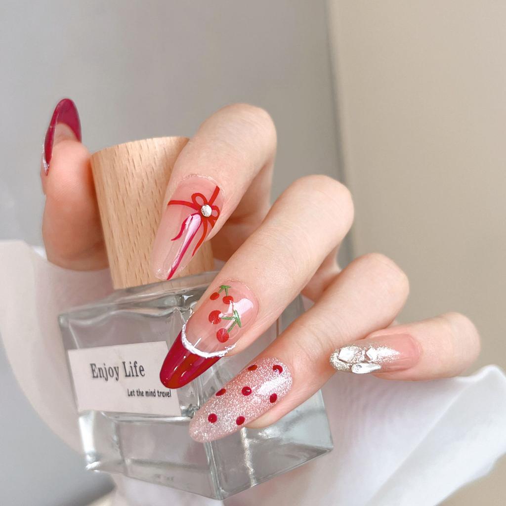Kawaii Cherry Bow Nail Stickers 5D French Cute Red Bow Fruit Design Self Adhesive Decoration Nails Stickers DIY Nail Accessories