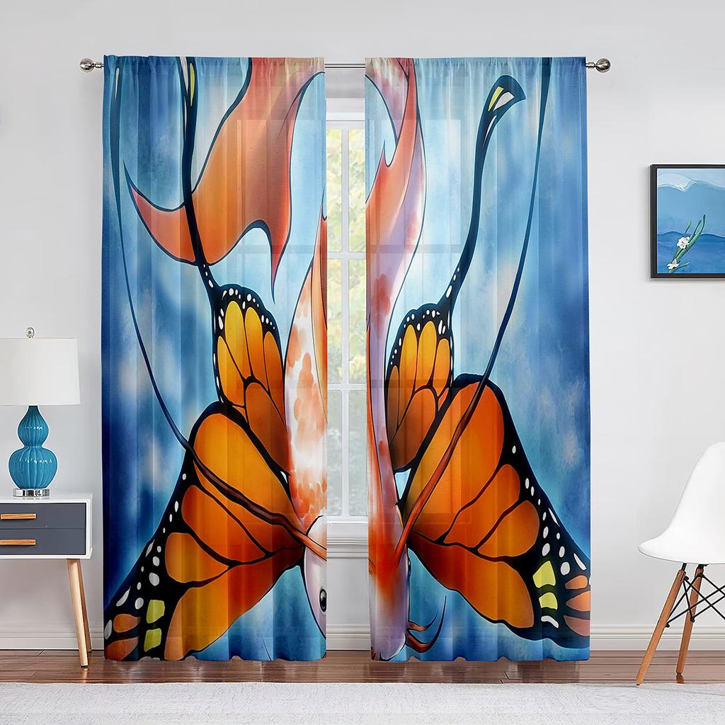 Goldfish Koi Fish Ink Painting Leaves Tulle Curtains for Living Room Bedroom Decor Chiffon Sheer Voile Kitchen Window Curtain