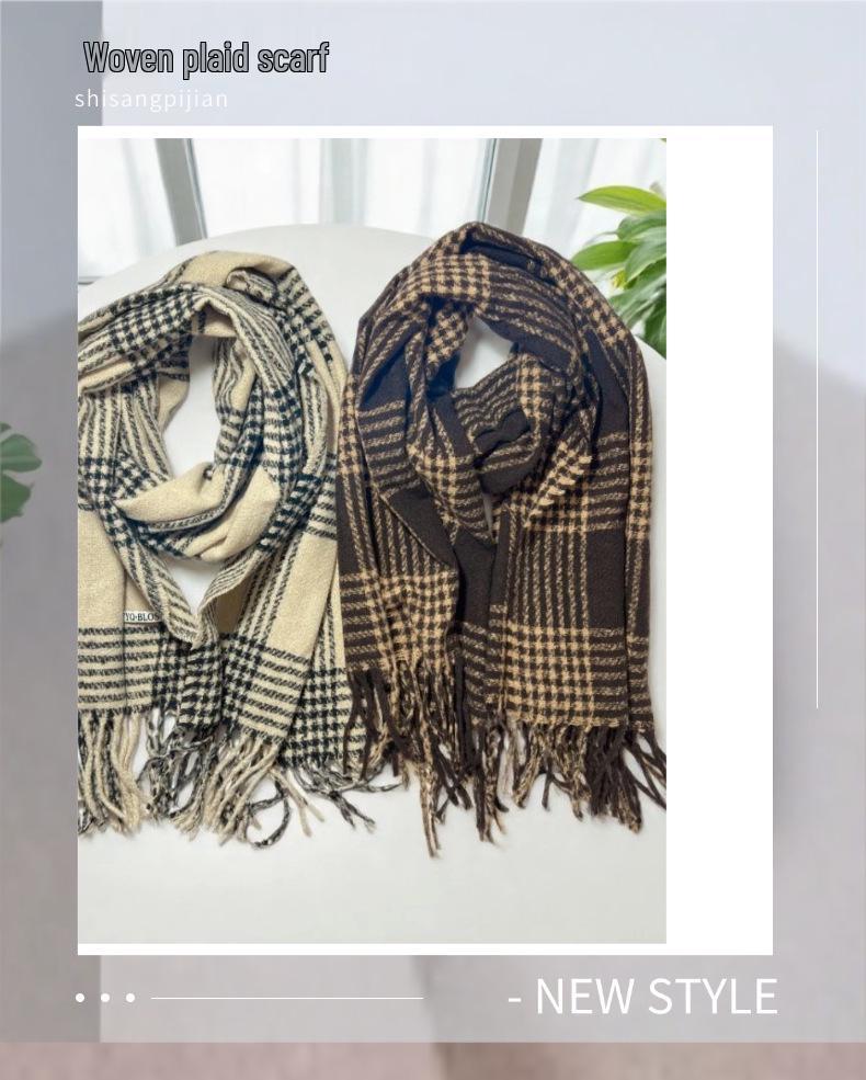 Blue Plaid Tassel Scarf: Versatile Warm Neck Warmer for Women & Couples - Autumn/Winter 2025