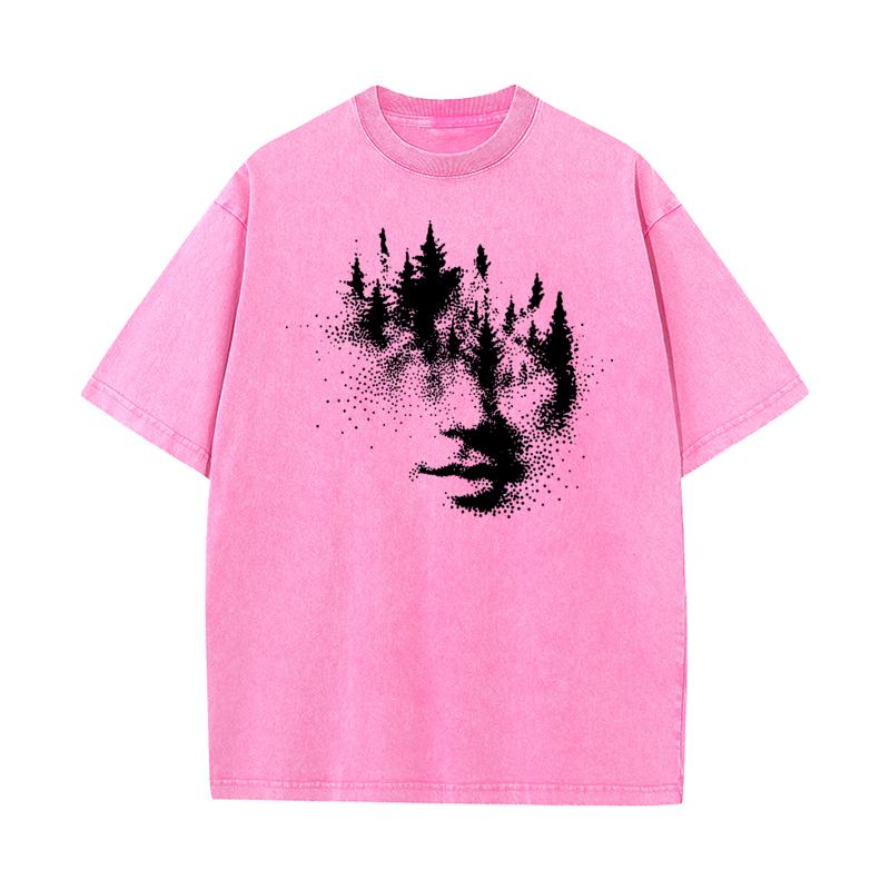 Funny Forest Face Youth Washed TShirt Classic Father Day Short Sleeve ONeck Pure Cotton Tees Hip hop Washed TShirt
