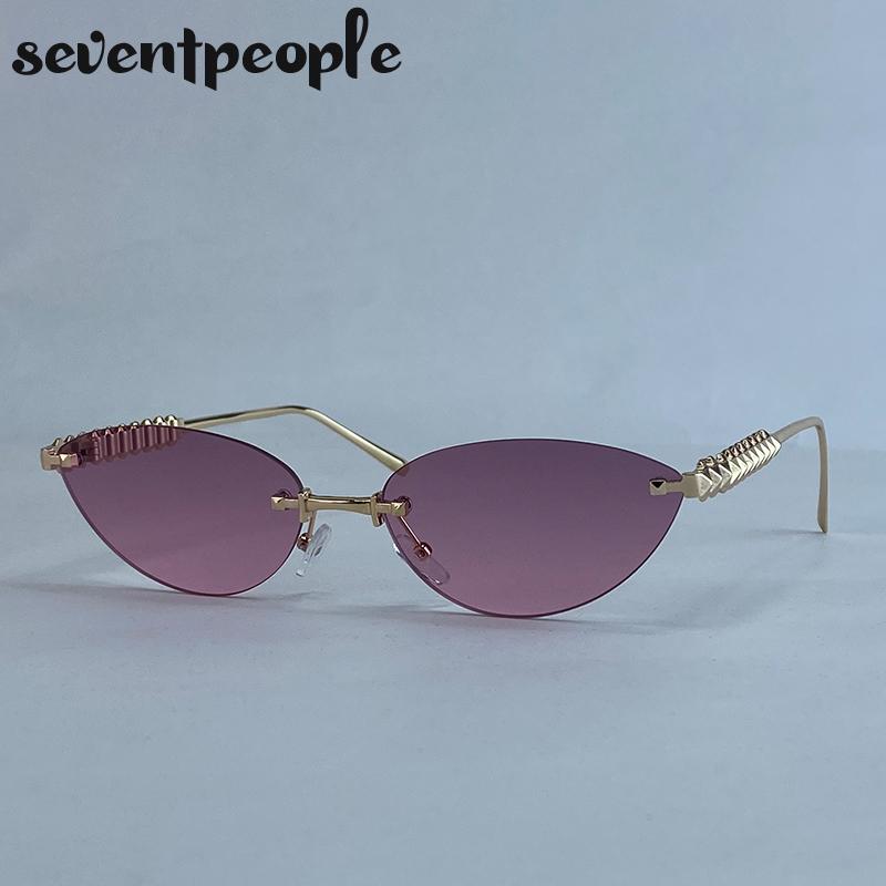 Small Frame Sexy Cat Eye Sunglasses Women  Luxury Brand Trendy Steampunk Rimless Sun Glasses Vintage Metal Punk Shades UV400