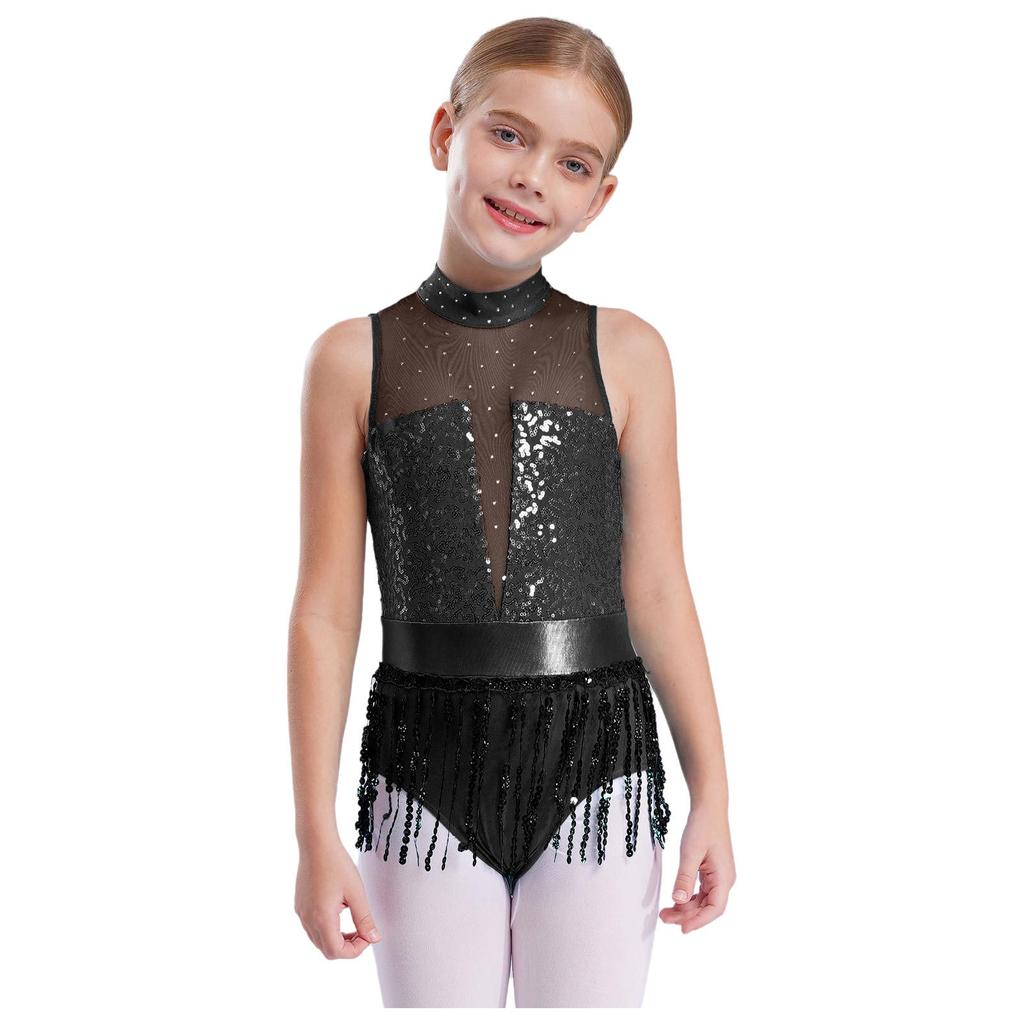 Mädchen Glitzernde Pailletten Quasten Tanzbody Ärmellos Schlüsselloch Rücken Patchwork Fransen Body Performance Kostüm