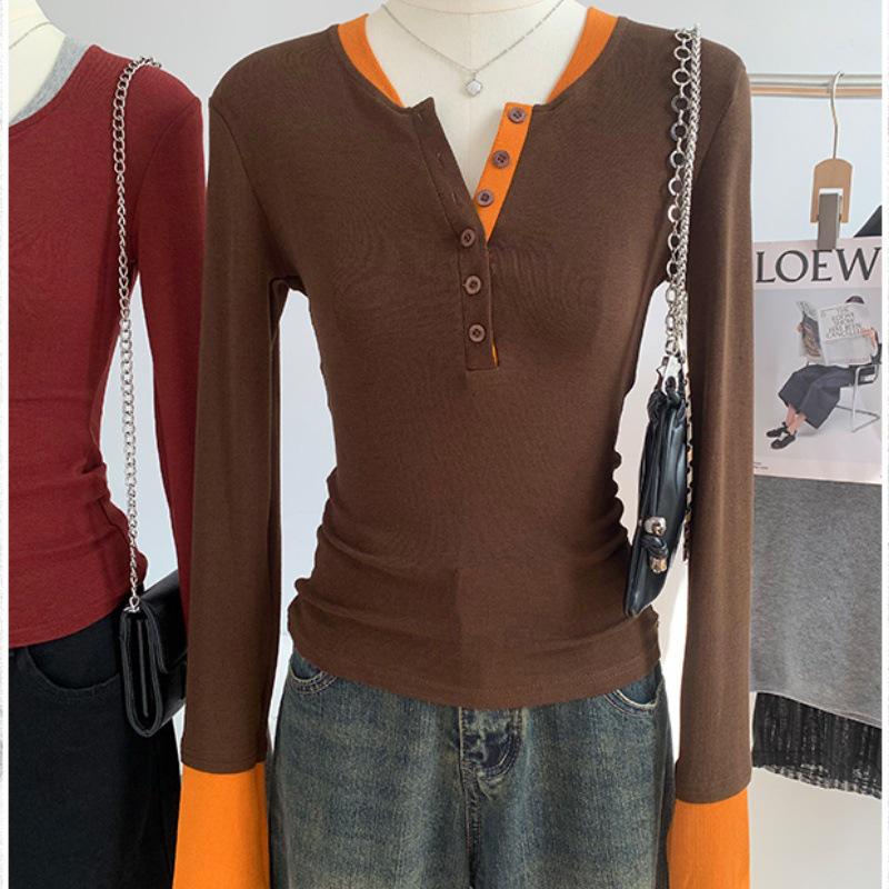 Stylish Contrast Color Faux Two-Piece Long-Sleeve Top for Women