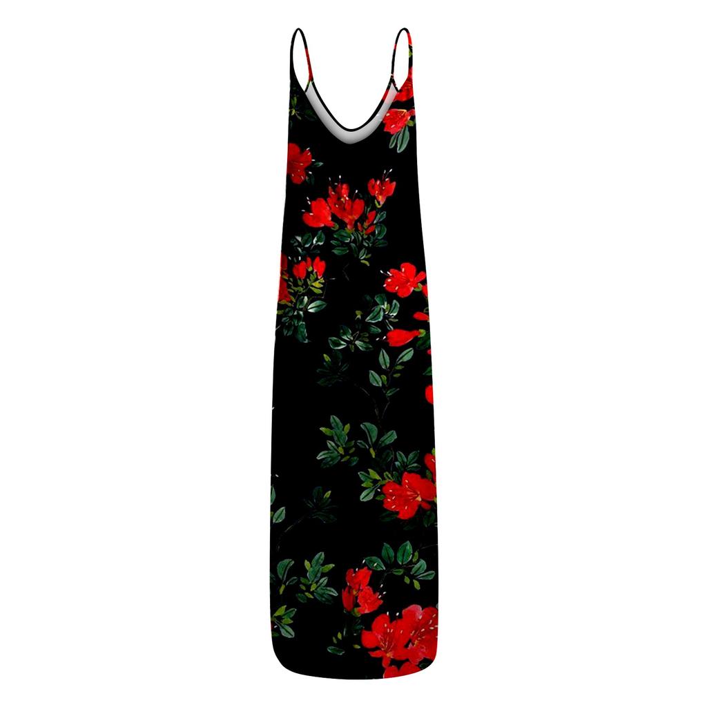 Fashionable Women's Summer Loose Printed Flowing V -neck Cute Suspender Dress
