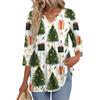 Women's Christmas Print V-Neck Three-Quarter Sleeve Casual Shirt for Holiday