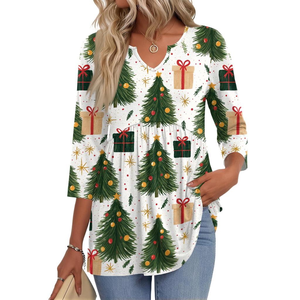 Women's Christmas Print V-Neck Three-Quarter Sleeve Casual Shirt for Holiday