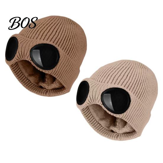 Snow Proof Outdoor Cycling Hat 2Pcs Fleece Lined Hats with Goggles, Warm Winter Knit Stretchy Brimless Eye Protection Hats, Windproof Skiing Caps for