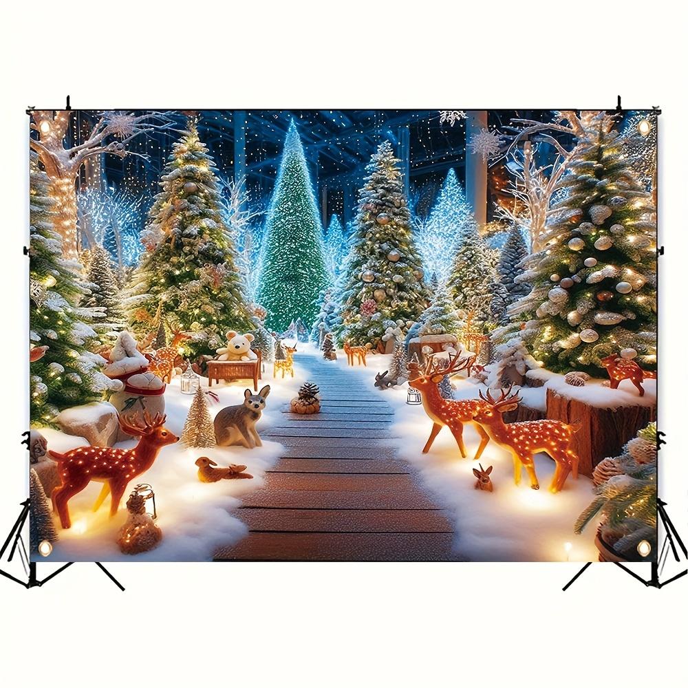Magic Forest Christmas Background Banner Polyester Winter Wonderland Party Hanging Decoration with Snow Trees and Deer