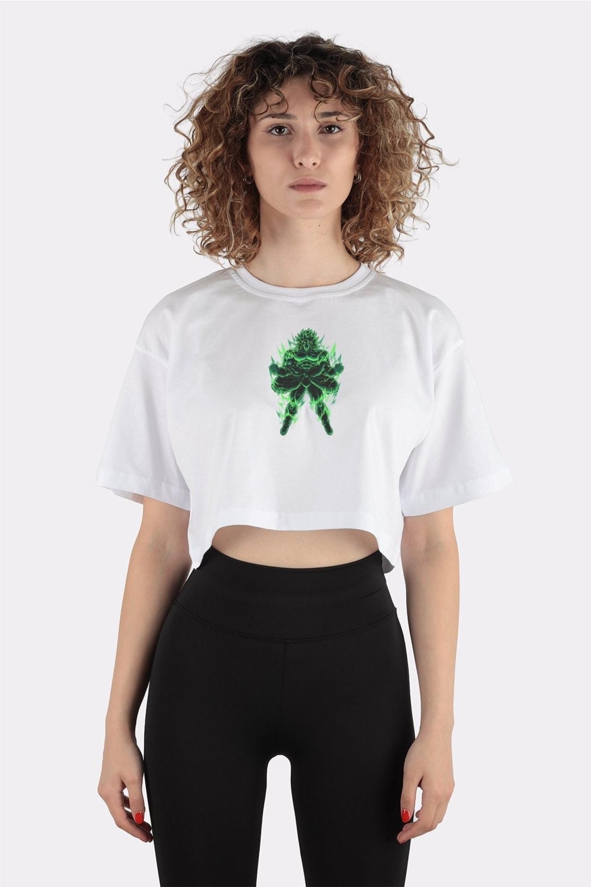 

Beyaz %100 Pamuk Bisiklet Yaka Crop T-shirt The Legendary Saiyan Broly