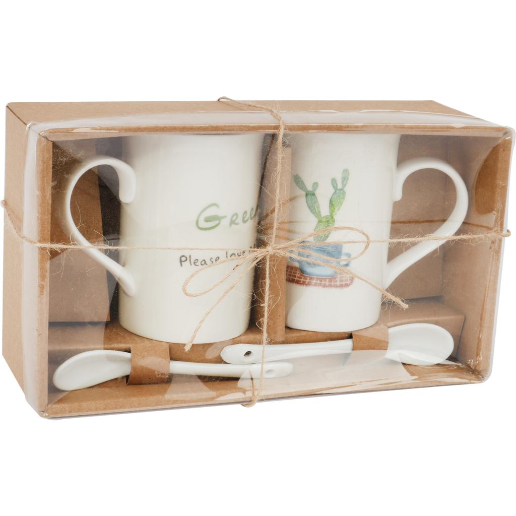 Love Nature Gift Set: 2 Ceramic Mugs with Spoons in a Cactus Design
