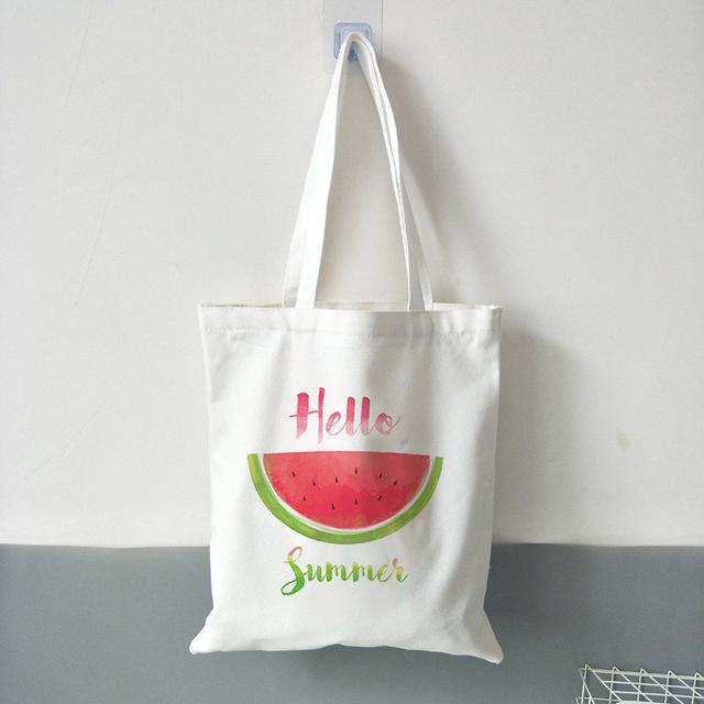 New Women's Casual Canvas Shopping Bag Hello Summer Watermelon Print Eco Tote Travel Bag Lady Handbag Reusable Large Capacity