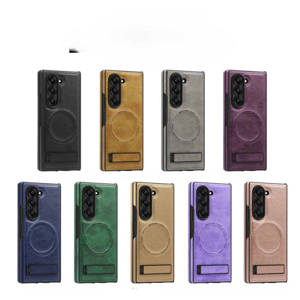 Suitable for Samsung Zfold6 Left and Right Folding Business Leather Case Mobile Phone Case Zflip5 Crystal Shield Magnetic Suction Bracket