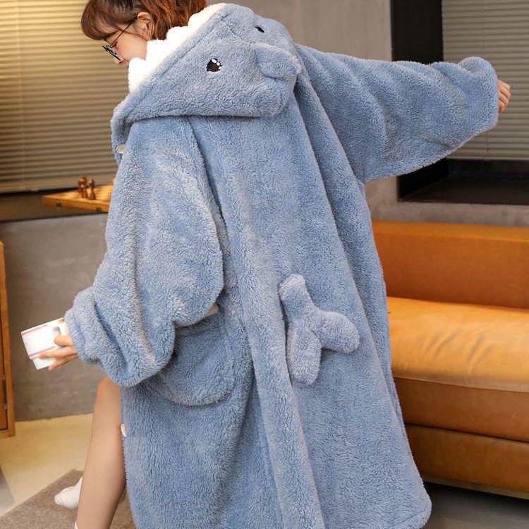 Autumn/Winter Shark Cartoon Hooded Pajama Set - Thick Coral Fleece Two-Piece Homewear