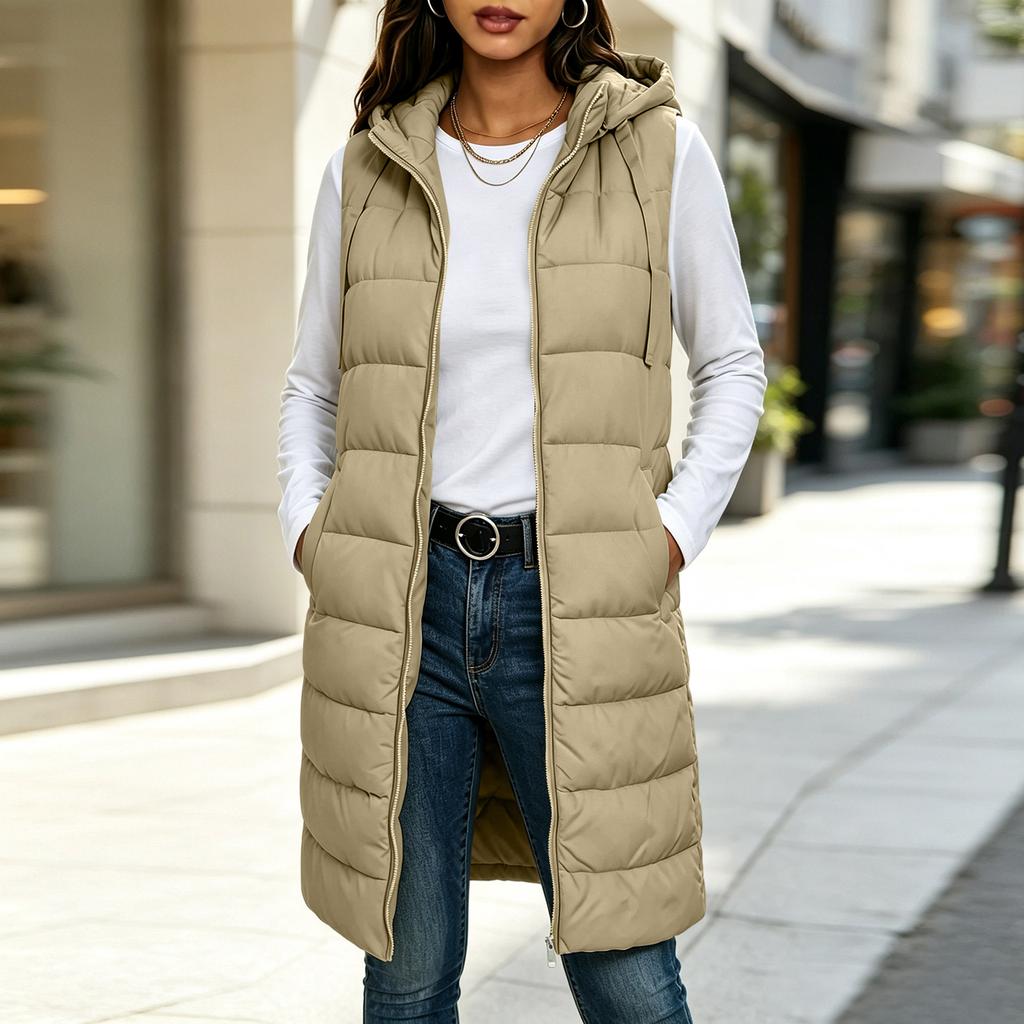 Women's Color Hooded Zip-Up Cotton Vest Mid-Length Plus Size Outerwear for Fall and Winter