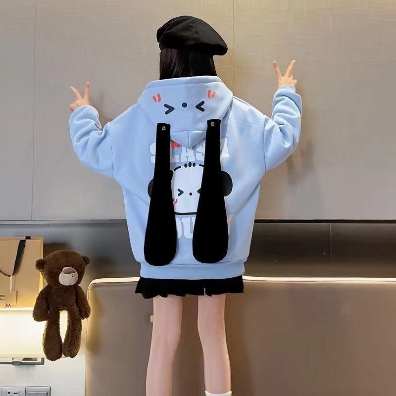 Girls' Spring Autumn Long Ears Hooded Thickened Sweatshirt - Kids' Top