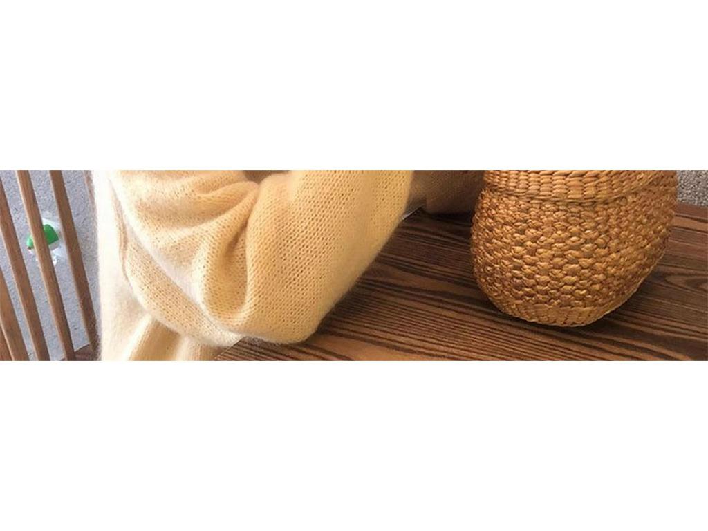 Milky Yellow Mohair Loose Knit Sweater - Women's Spring/Summer Petite Lazy Style, Thick Round Neck Pullover