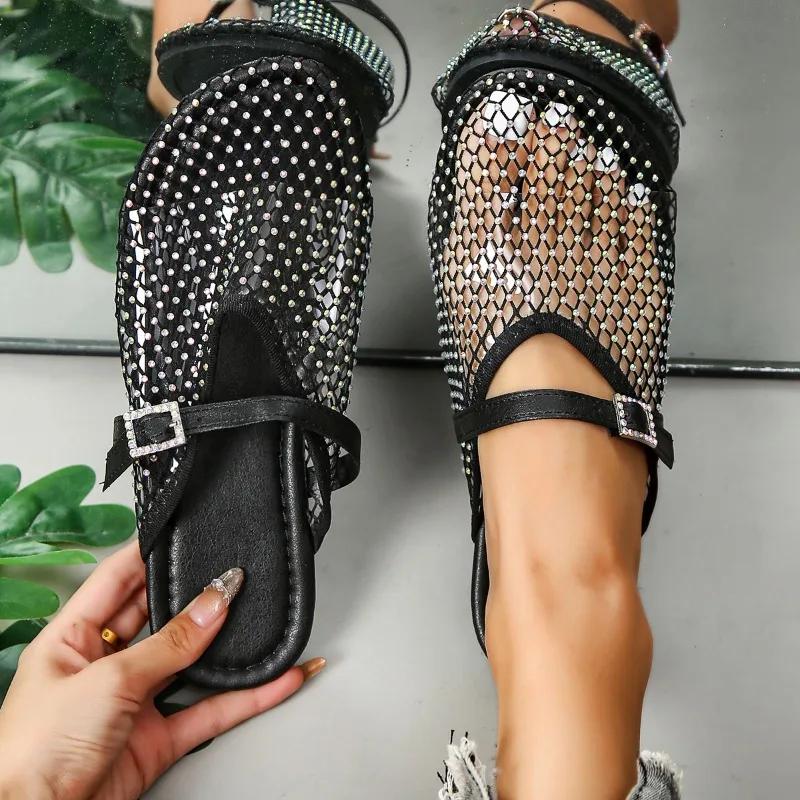 

Мода 2024 года, горячая распродажа женской обуви, летние женские тапочки с круглым носком, сплошная пряжка, украшение, сетка, дышащие тапочки на низком каблуке 43 чёрный