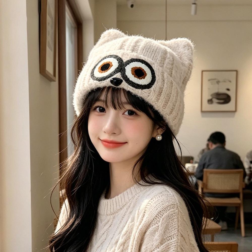 Knit Design Woolen Winter Cap Thick Material Plush Warm Hat Cute Owl Pattern Hat  Cartoon Themed
