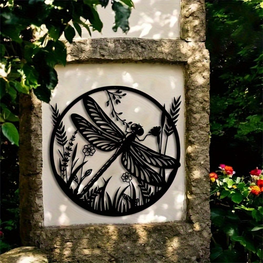 Dragonfly Wildflowers Laser Cut Iron Wall Art, Large Modern Metal Sculpture for Living Room Garden Decor Nature Farmhouse Hanging Ornament