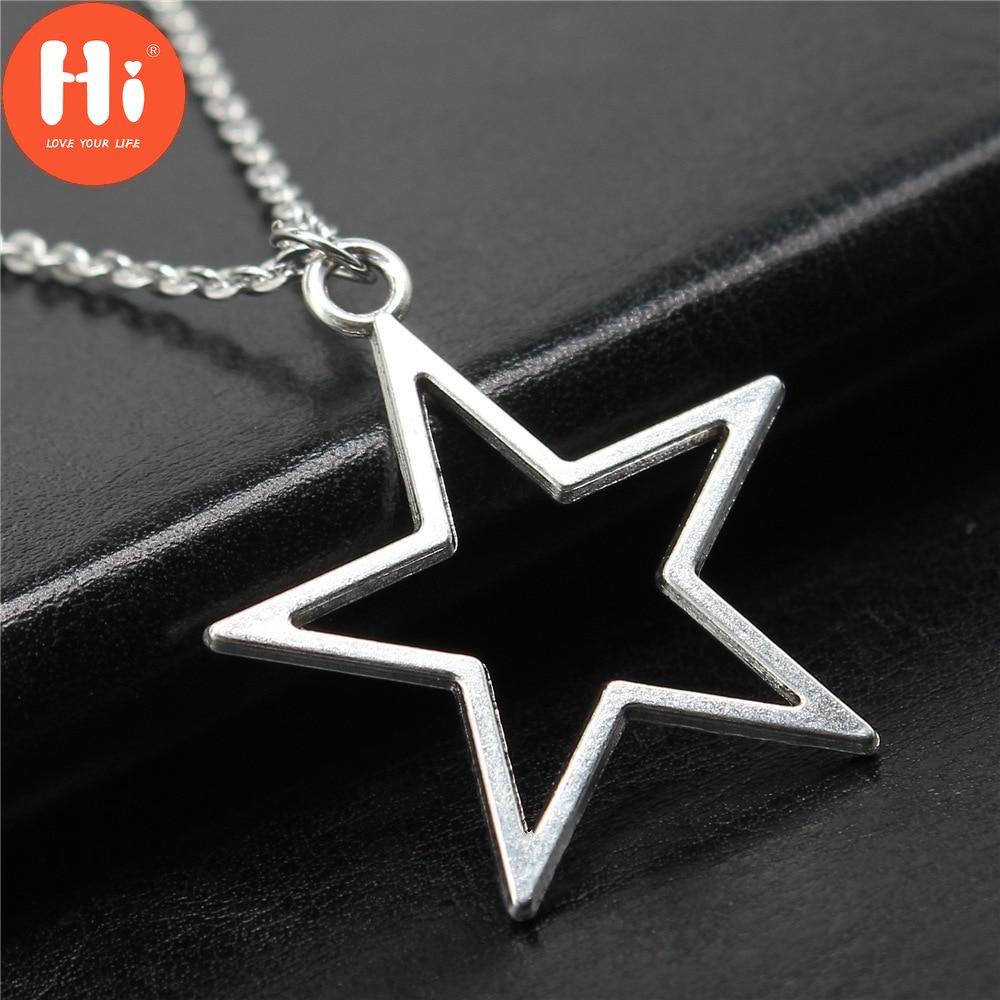 Hi New Simple Vintage Antique Silver Color Hollow Star Pendant Necklace for Women Girls Fashion Five-pointed Star Jewelry