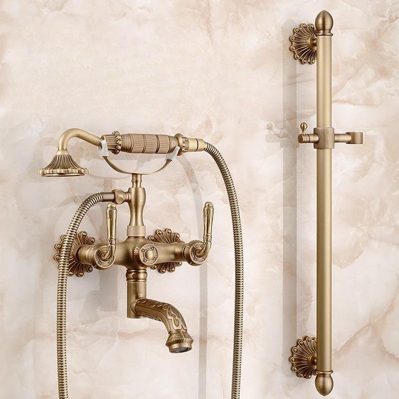 Retro Bathroom Bathtub Faucet Wall Mounted Hand-operated Showerhead Antique Brass Simple Showerhead Set for Bathing
